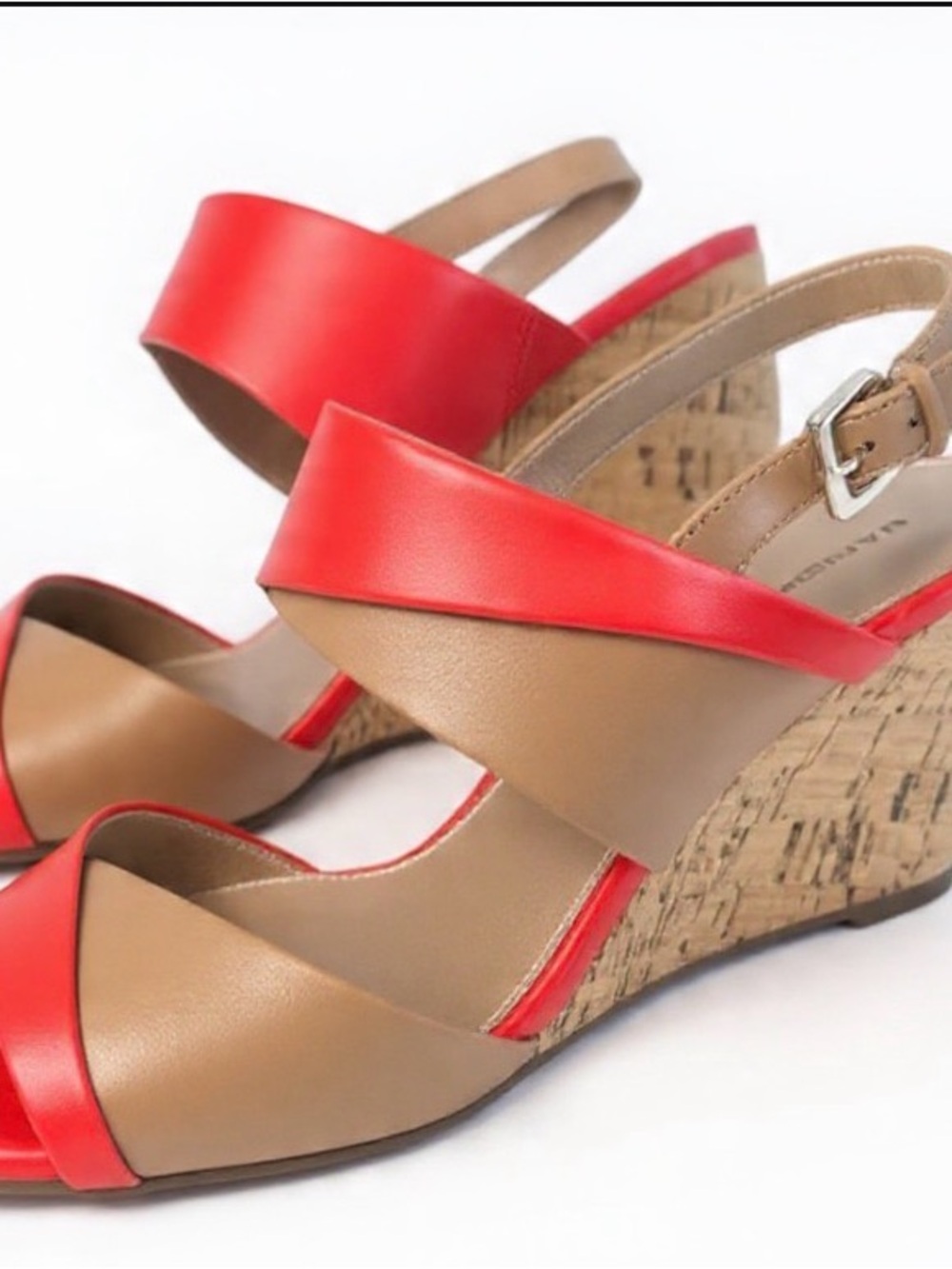 🍓 Bandolino Red & Tan Colorblock Cork Wedge Sandals Size 8.5 (Fits 8)